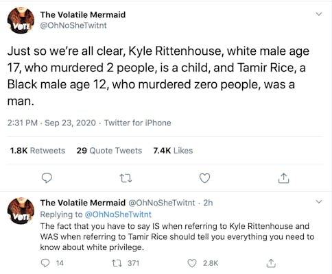 Just so we’re all clear, Kyle Rittenhouse, white male age 17, who murdered 2 people, is a child, and Tamir Rice, a Black male age 12, who murdered zero people, was a man.The fact that you have to say IS when referring to Kyle Rittenhouse and WAS when referring to Tamir Rice should tell you everything you need to know about white privilege.