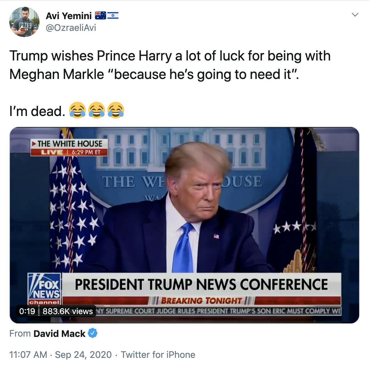 Trump wishes Prince Harry a lot of luck for being with Meghan Markle “because he’s going to need it”.  I’m dead. Face with tears of joyFace with tears of joyFace with tears of joy
