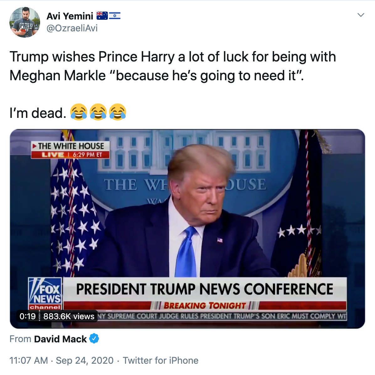 Trump wishes Prince Harry a lot of luck for being with Meghan Markle “because he’s going to need it”.  I’m dead. Face with tears of joyFace with tears of joyFace with tears of joy