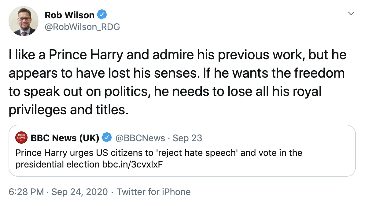 I like a Prince Harry and admire his previous work, but he appears to have lost his senses. If he wants the freedom to speak out on politics, he needs to lose all his royal privileges and titles.