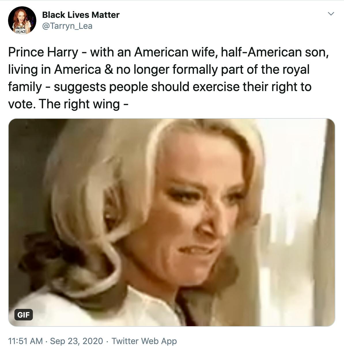 "Prince Harry - with an American wife, half-American son, living in America & no longer formally part of the royal family - suggests people should exercise their right to vote. The right wing -" gif of blonde woman smashing things
