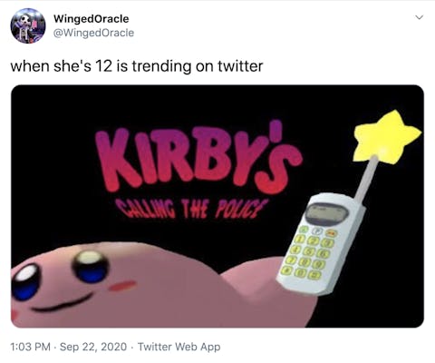 "when she's 12 is trending on twitter" image of Kirby who is a round pink blob with little round pink hands holding a phone and the caption "Kirby's calling the police"