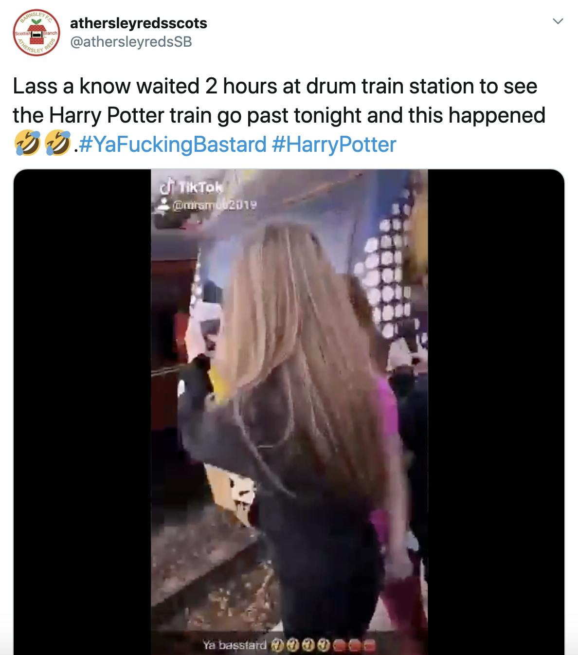 "Lass a know waited 2 hours at drum train station to see the Harry Potter train go past tonight and this happened Rolling on the floor laughingRolling on the floor laughing.#YaFuckingBastard #HarryPotter" embedded tiktok shared above
