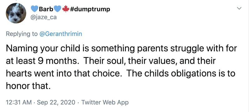 Naming your child is something parents struggle with for at least 9 months. Their soul, their values, and their hearts went into that choice. The childs obligations is to honor that.