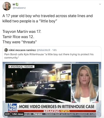 A 17 year old boy who traveled across state lines and killed two people is a “little boy”  Trayvon Martin was 17. Tamir Rice was 12. They were “threats”