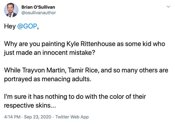 Hey @GOP , Why are you painting Kyle Rittenhouse as some kid who just made an innocent mistake? While Trayvon Martin, Tamir Rice, and so many others are portrayed as menacing adults. I'm sure it has nothing to do with the color of their respective skins...