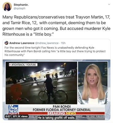 Many Republicans/conservatives treat Trayvon Martin, 17,  and Tamir Rice, 12,  with contempt, deeming them to be grown men who got it coming. But accused murderer Kyle Rittenhouse is a “little boy.”