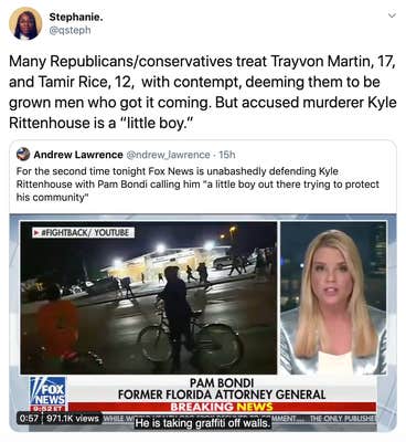 Many Republicans/conservatives treat Trayvon Martin, 17, and Tamir Rice, 12, with contempt, deeming them to be grown men who got it coming. But accused murderer Kyle Rittenhouse is a “little boy.”