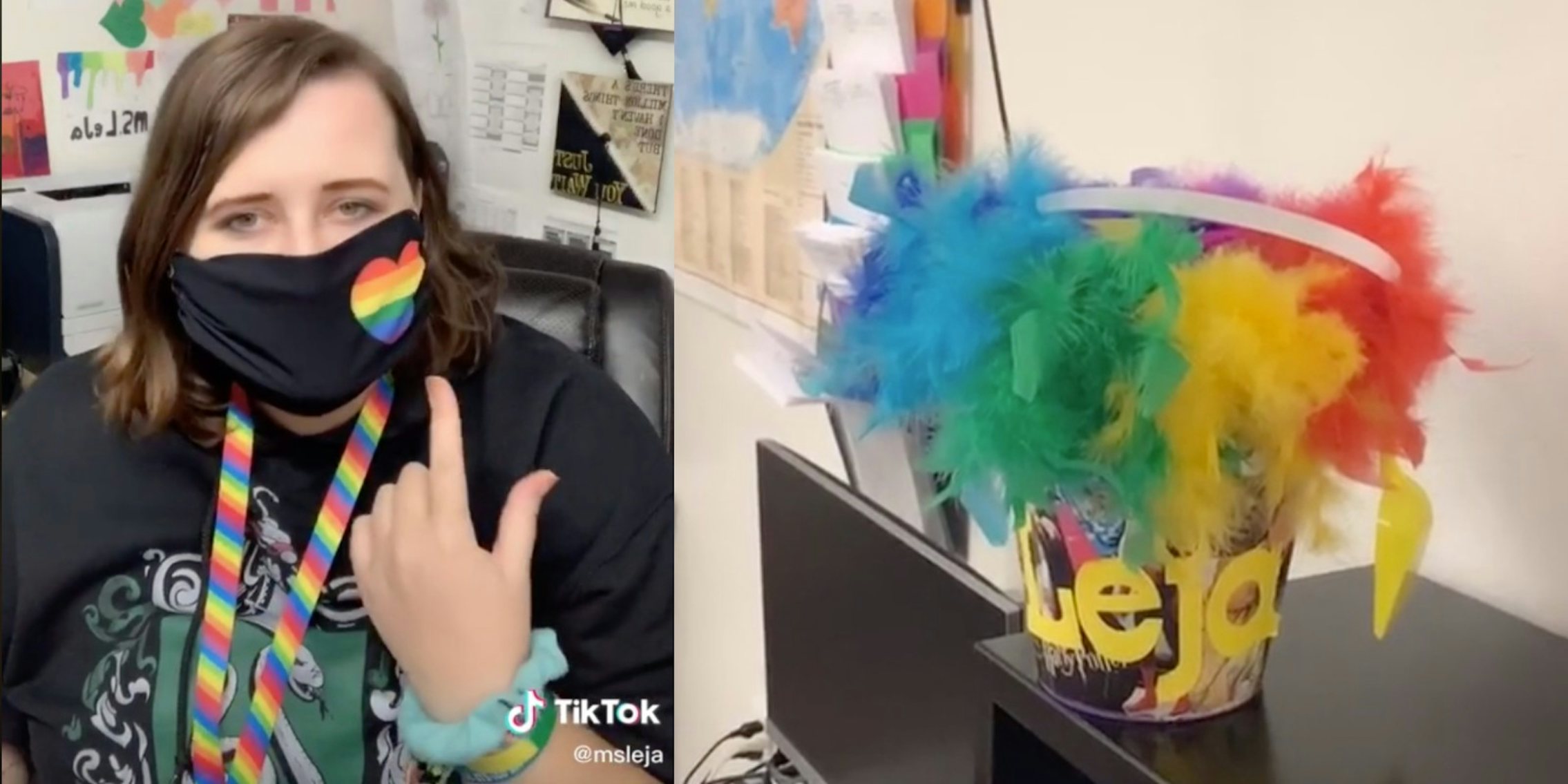 Ms. Leja in her rainbow mask, and a penstand showing rainbow feathers