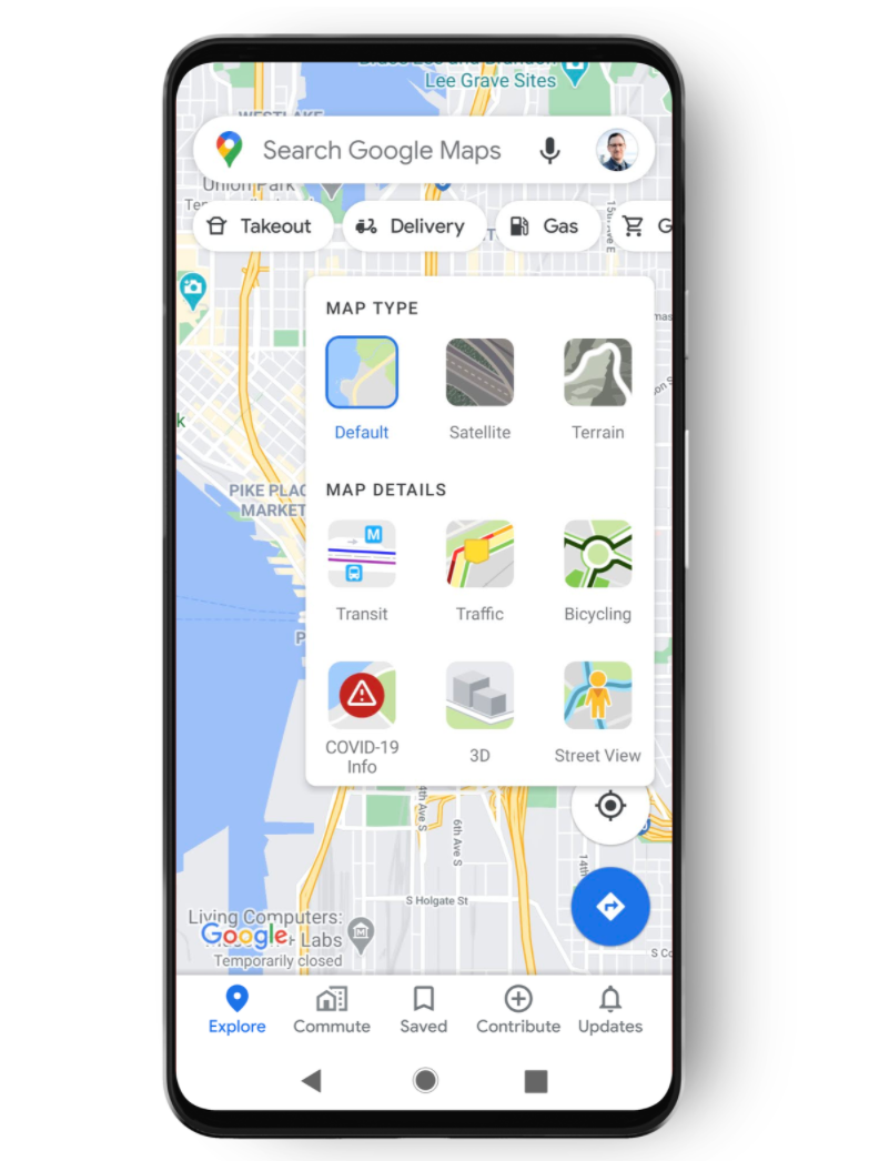 Google's COVID map is featured as a layer similar to transit or bike
