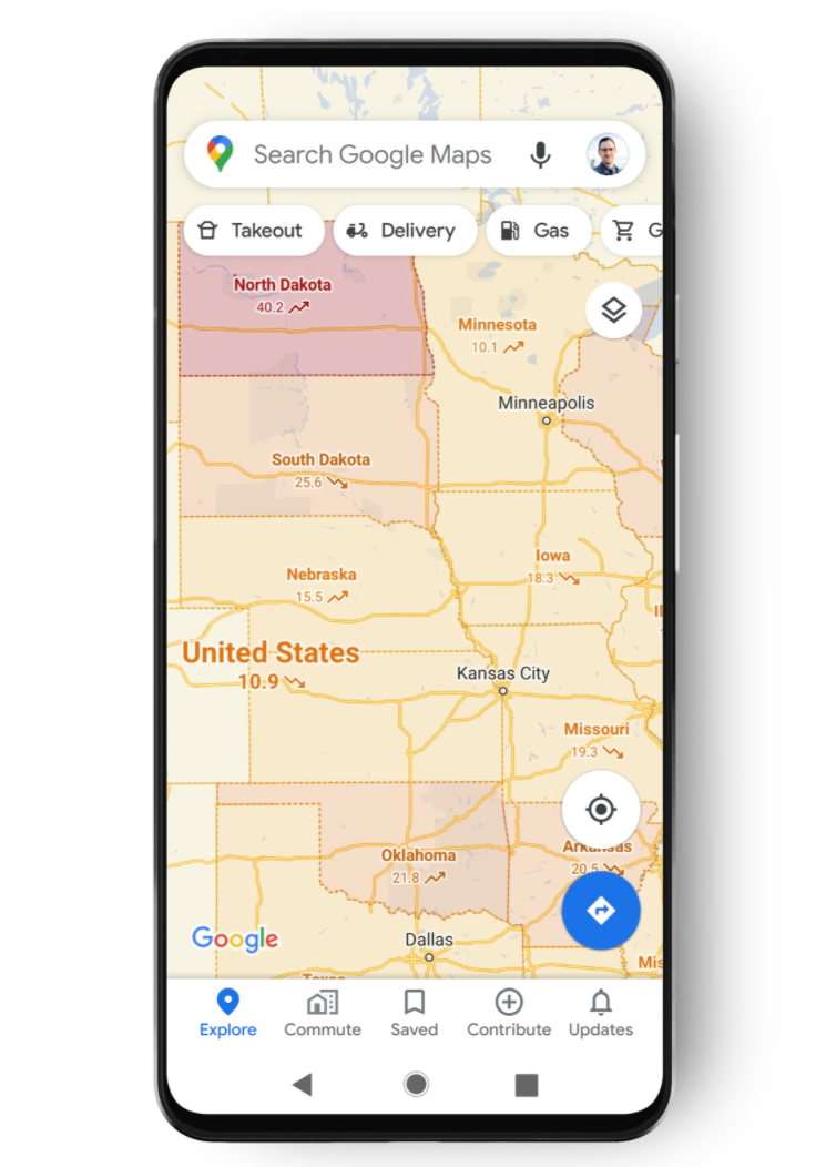 The Google COVID map shows infection rates in a color coded map