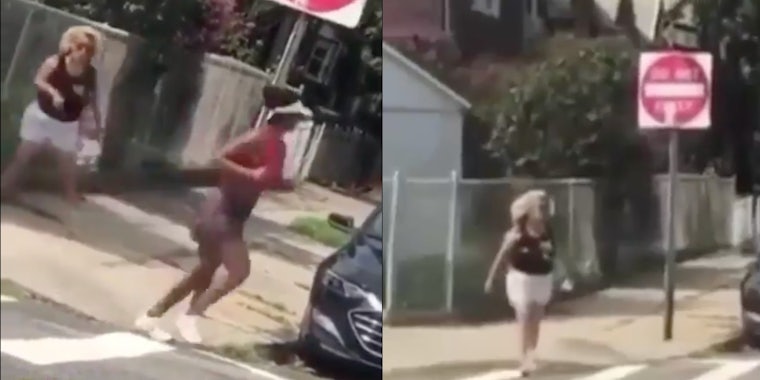 A woman throws a glass bottle and yells a racial slur at a Black woman jogging.
