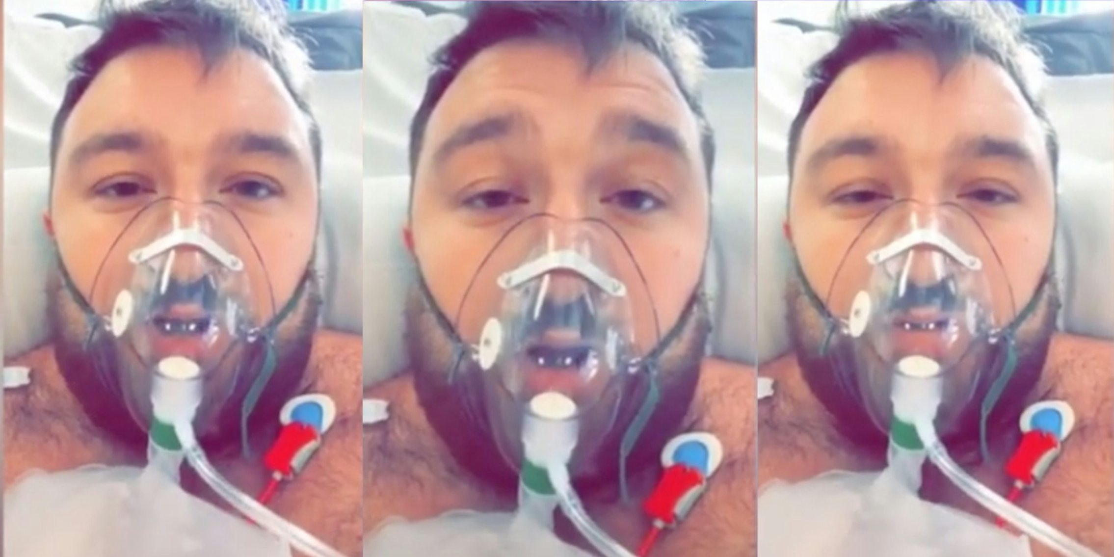 a man wearing an oxygen mask in a hospital