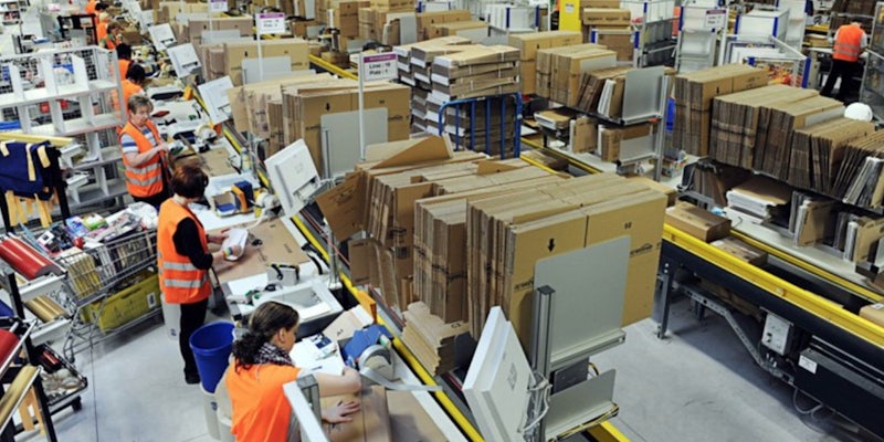 The inside of an Amazon warehouse