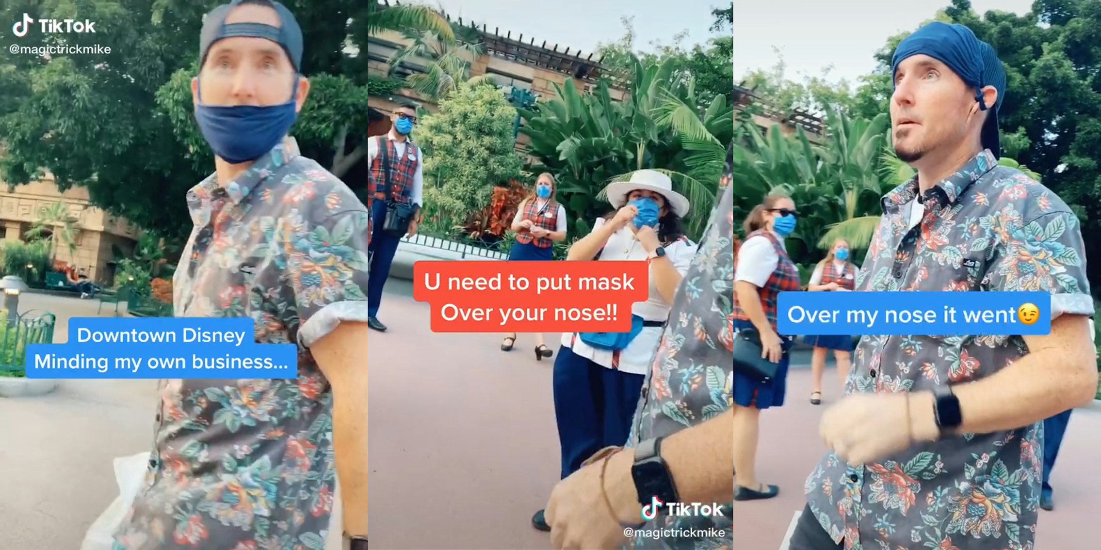 man walks through downtown disney with mask off of nose, takes it off entirely when asked to wear it properly
