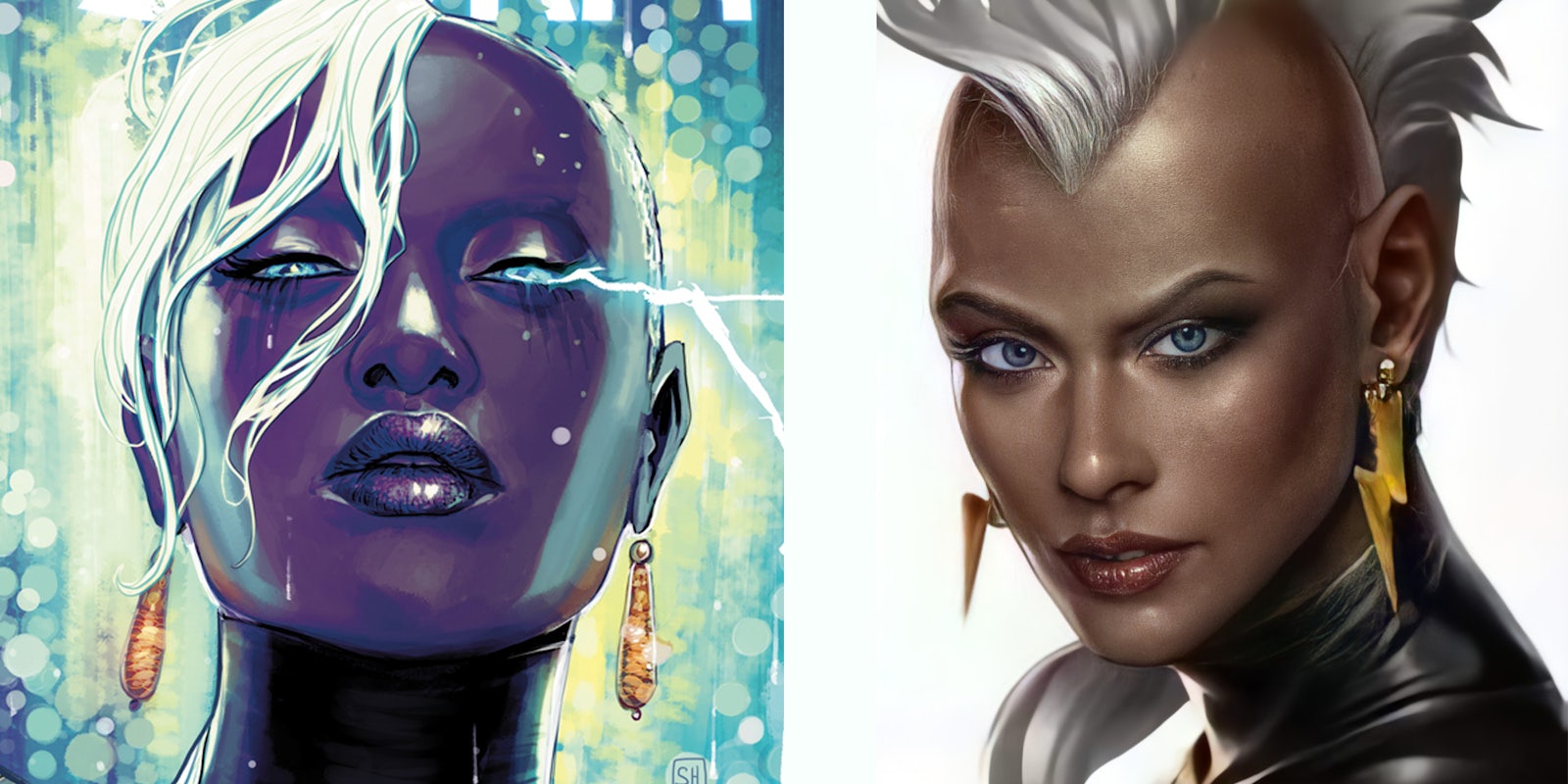 Comparison of comic book Storm with Black features to 'Future Fight' game Storm with Caucasian features