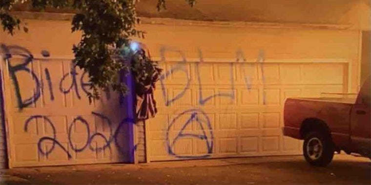 Biden 2020, BLM, and a poorly-made 'anarchy' symbol spray painted on a garage