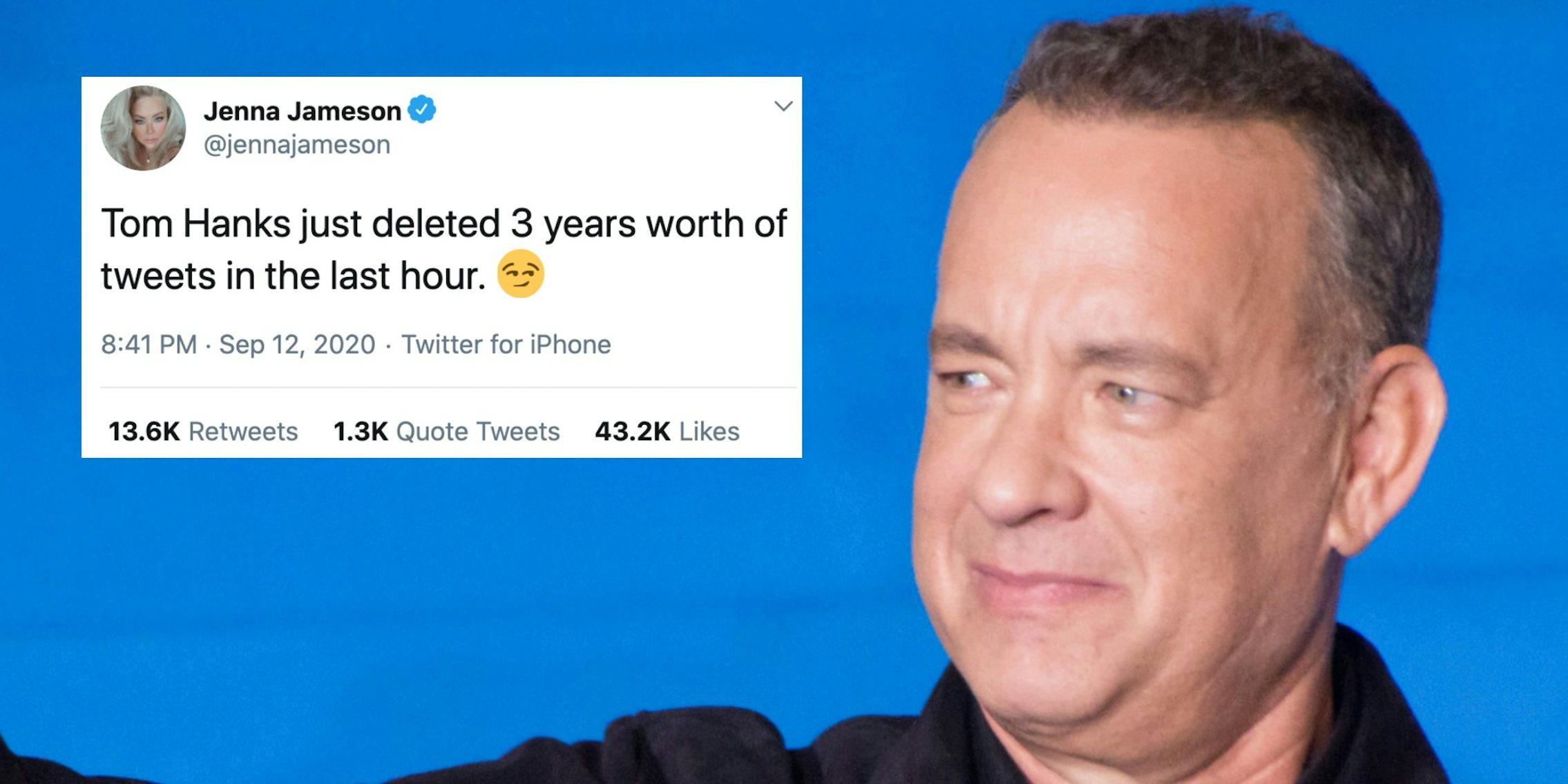 Hollywood actor Tom Hanks next to a tweet from Jenna Jameson
