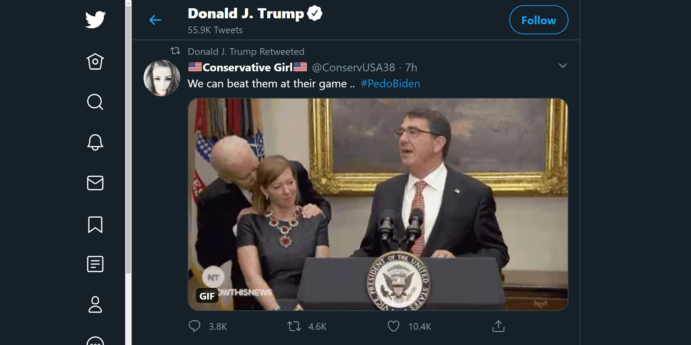 trump retweets 'conservative girl' we can beat them at their own game .. #PedoBiden with gif of Biden whispering to Stephanie Carter