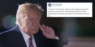 Trump with his hand to his ear next to a tweet