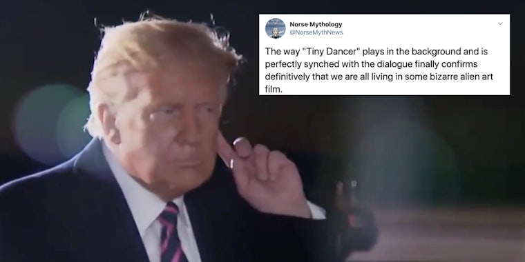 Trump with his hand to his ear next to a tweet
