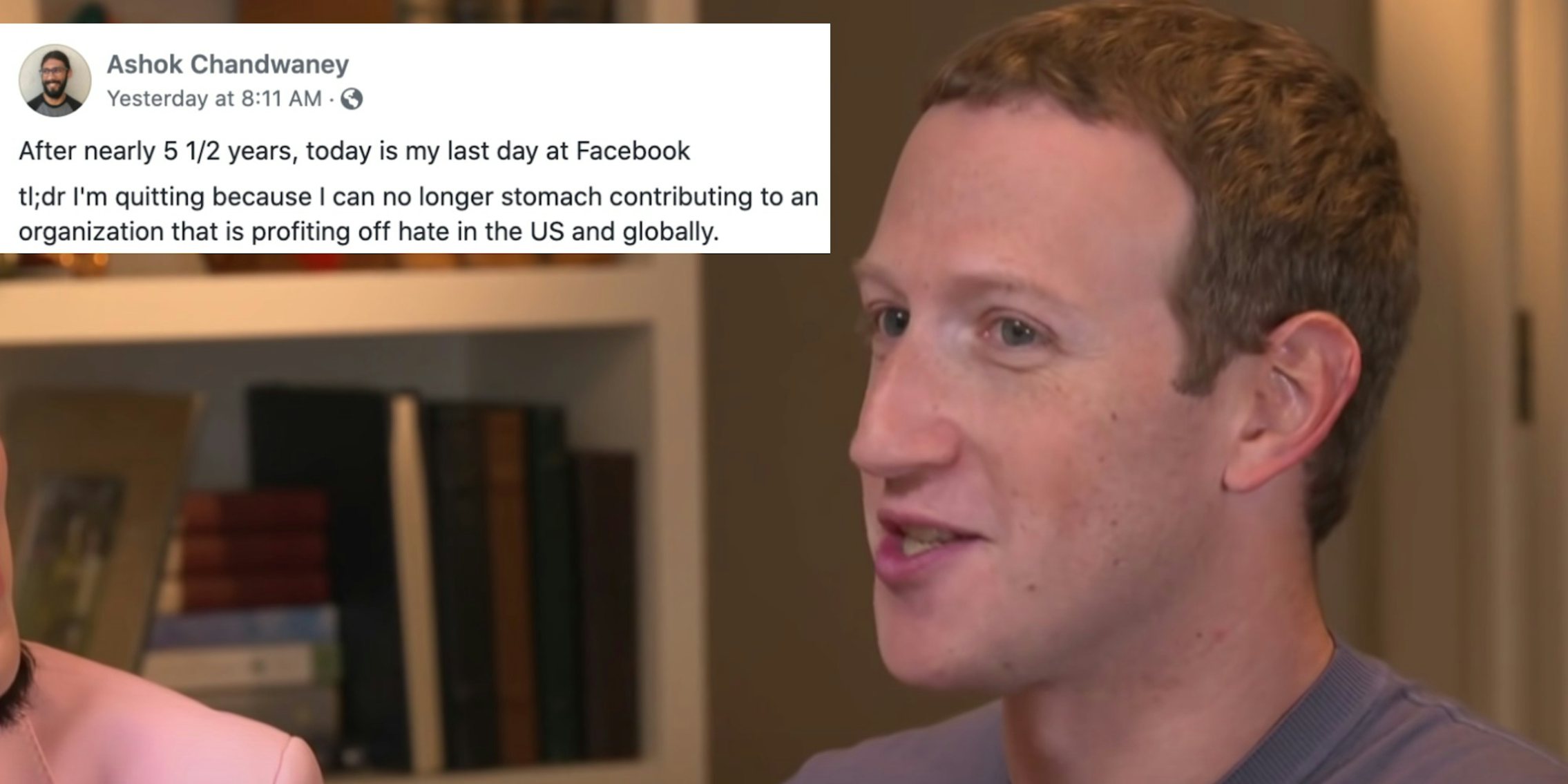 A Facebook employee quitting next to Mark Zuckerberg