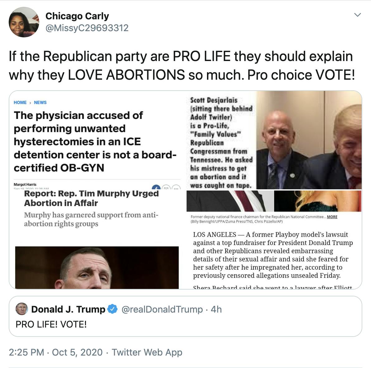 "If the Republican party are PRO LIFE they should explain why they LOVE ABORTIONS so much. Pro choice VOTE!" screen caps of numerous articles about Republican men paying for abortions and the hysterectomies committed in ICE facilities