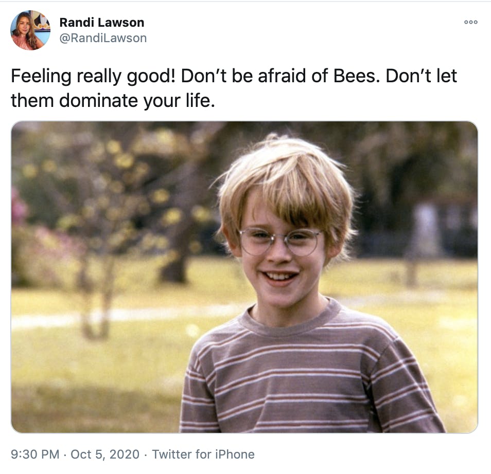"Feeling really good! Don’t be afraid of Bees. Don’t let them dominate your life." screen grab of Macauley Culkin smiling from My Girl