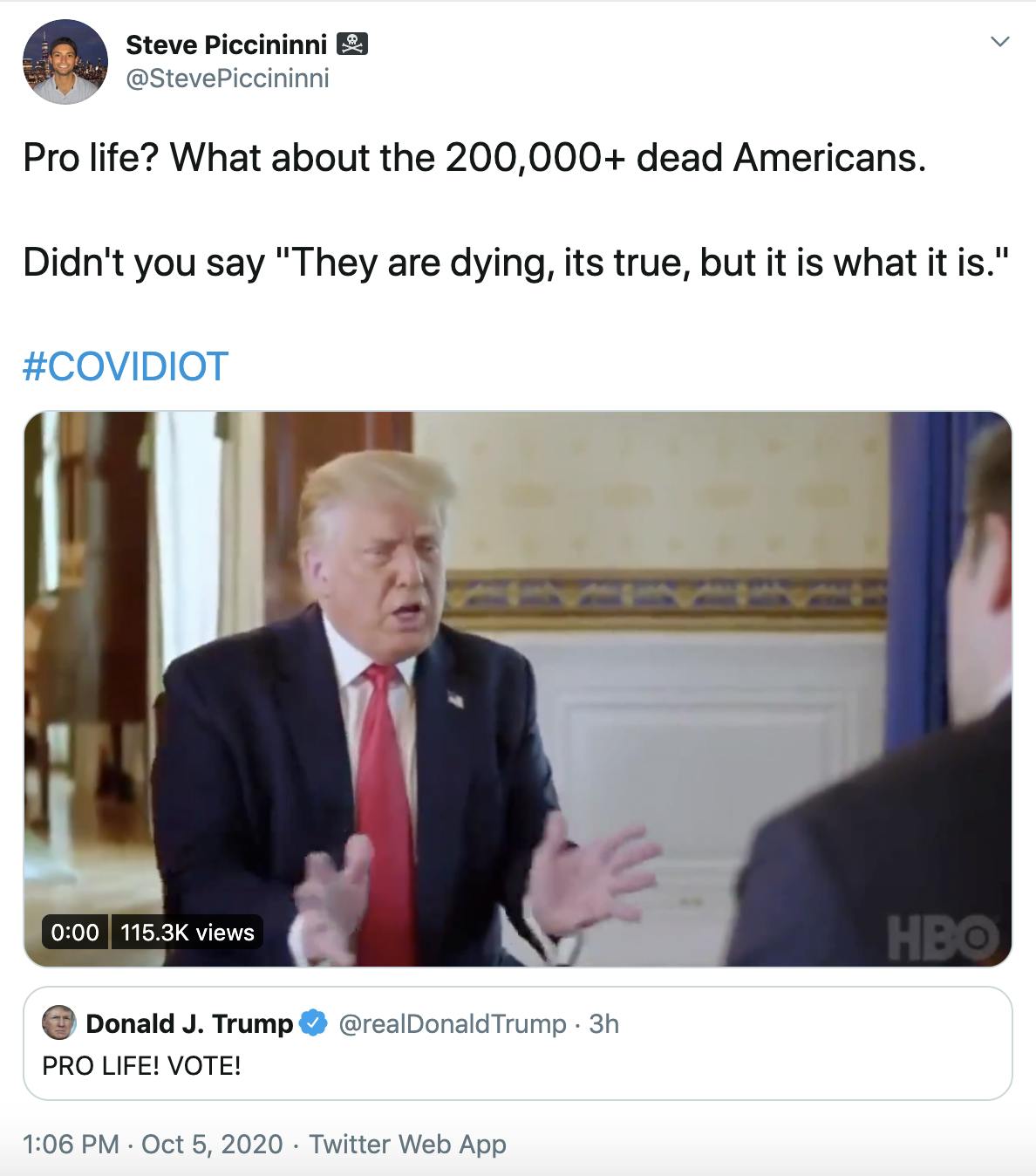 Pro life? What about the 200,000+ dead Americans.   Didn't you say "They are dying, its true, but it is what it is."  #COVIDIOT