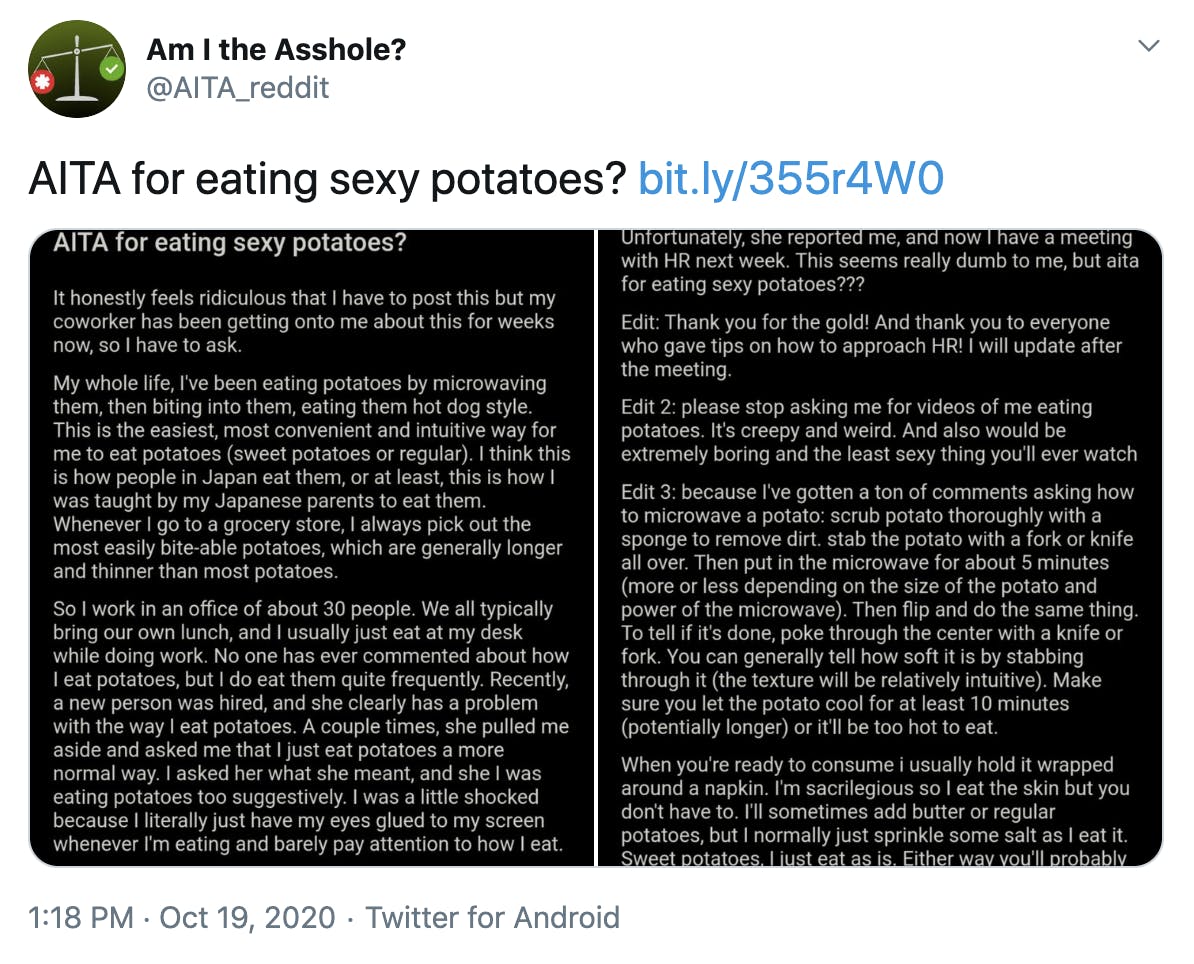 'AITA for eating sexy potatoes? https://bit.ly/355r4W0' screenshot of post linked in paragraph
