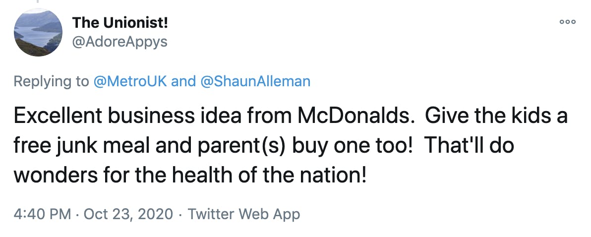 Excellent business idea from McDonalds. Give the kids a free junk meal and parent(s) buy one too! That'll do wonders for the health of the nation!