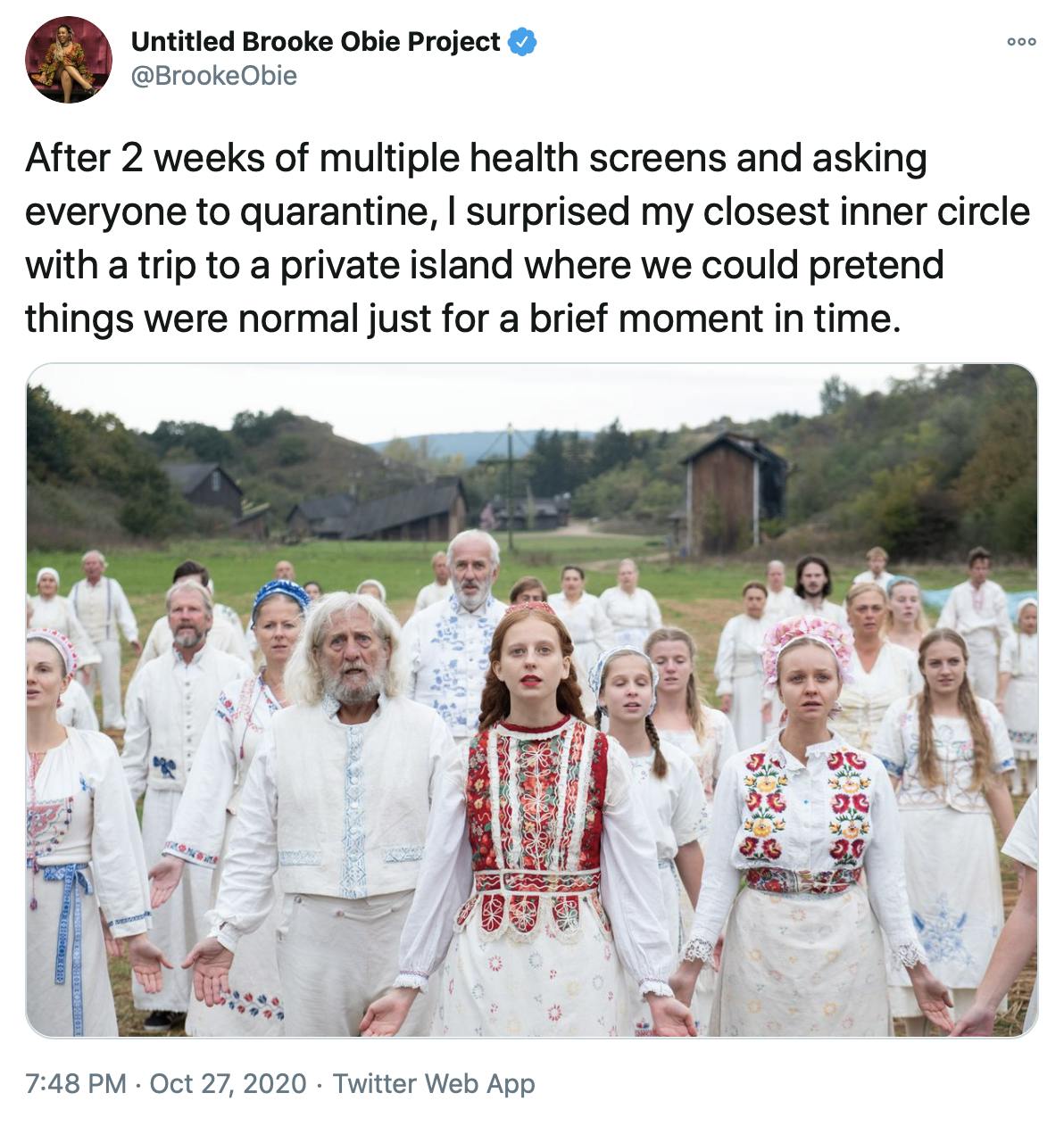 "After 2 weeks of multiple health screens and asking everyone to quarantine, I surprised my closest inner circle with a trip to a private island where we could pretend things were normal just for a brief moment in time." screen grab from Misdummer of the people gathered in their white embroidered clothes