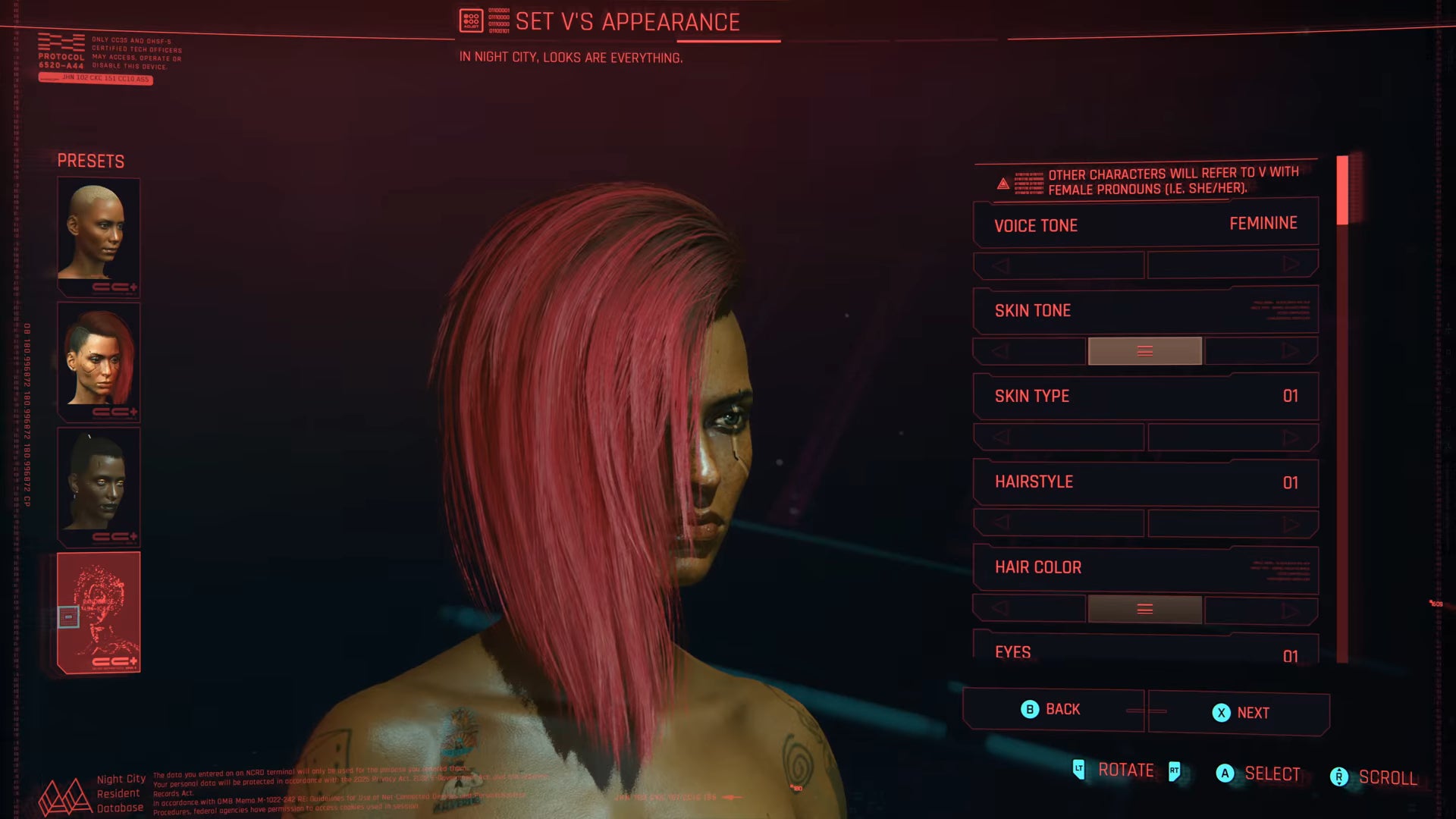 Image of Cyberpunk 2077 character creation screen where it has "voice tone feminine" along with skin tone, type, hairstyle, hair [colour] and eyes. With an image of V in what they currently look like. 