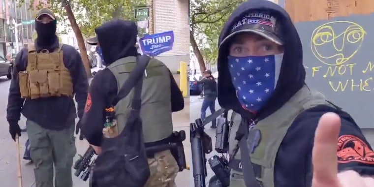 A man in a MAGA hat seen with his assault rifle next to another man with a stick and holding a Trump flag