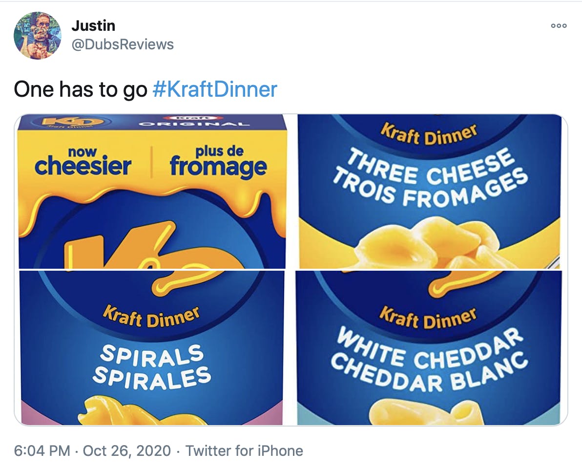 'one has to go #KraftDinner' pictures of four different kinds of Kraft Dinner Mac and Cheese