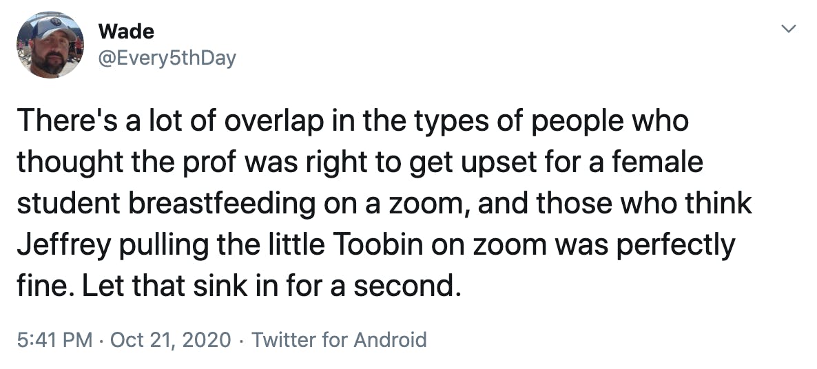 There's a lot of overlap in the types of people who thought the prof was right to get upset for a female student breastfeeding on a zoom, and those who think Jeffrey pulling the little Toobin on zoom was perfectly fine. Let that sink in for a second.