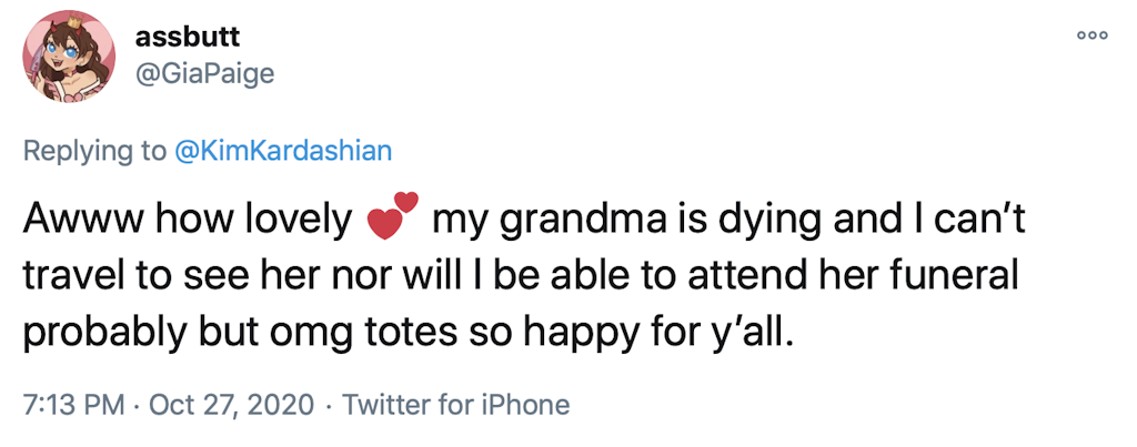 Awww how lovely Two hearts my grandma is dying and I can’t travel to see her nor will I be able to attend her funeral probably but omg totes so happy for y’all.