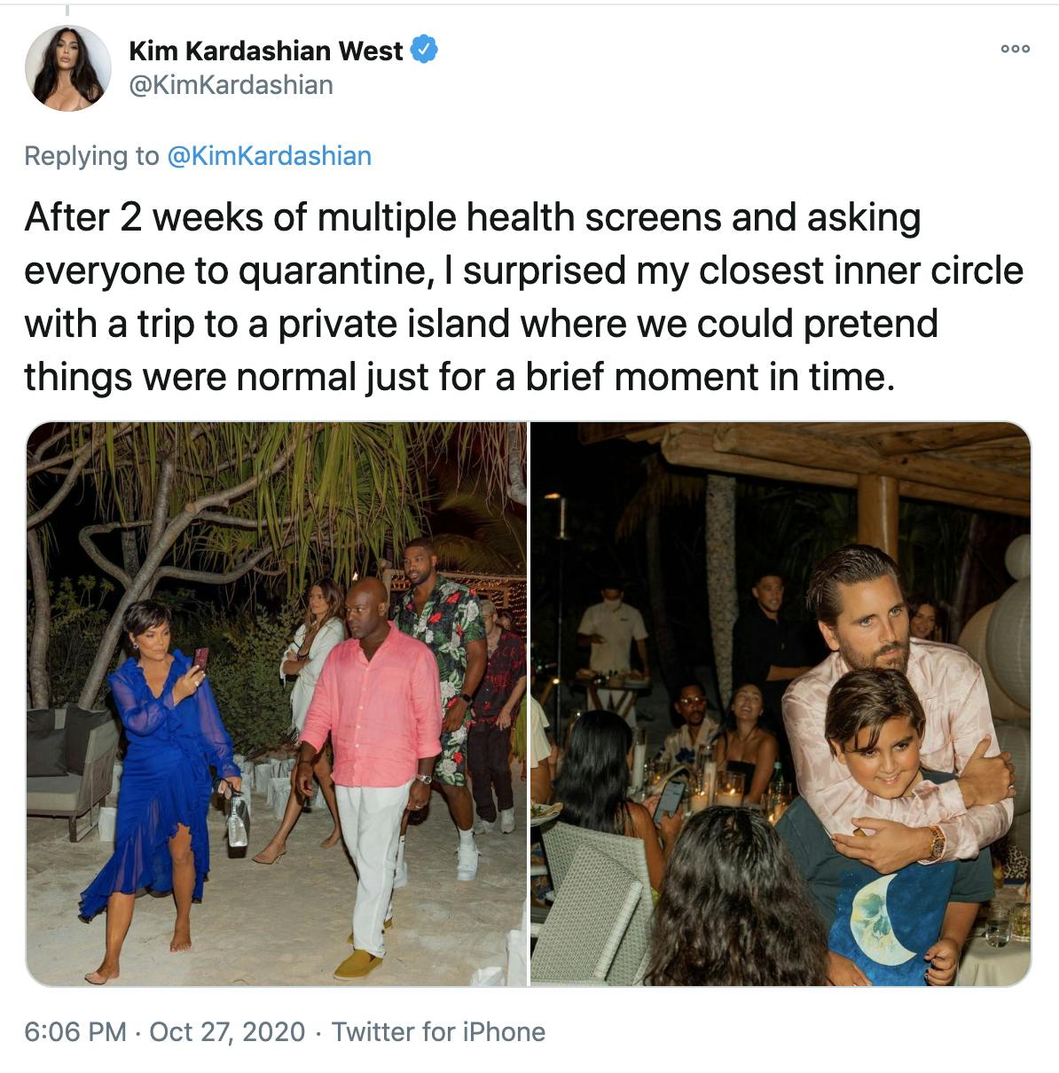 'After 2 weeks of multiple health screens and asking everyone to quarantine, I surprised my closest inner circle with a trip to a private island where we could pretend things were normal just for a brief moment in time.' two pictures of Kim's party guests, one on the beach and one in a bar