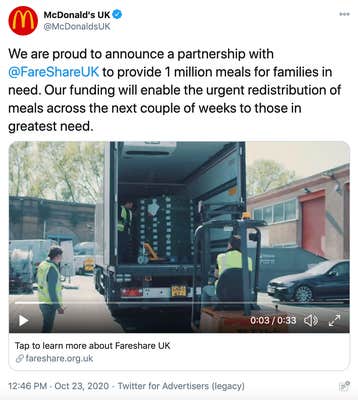 "We are proud to announce a partnership with @FareShareUK to provide 1 million meals for families in need. Our funding will enable the urgent redistribution of meals across the next couple of weeks to those in greatest need." screenshot of people unloading a lorry