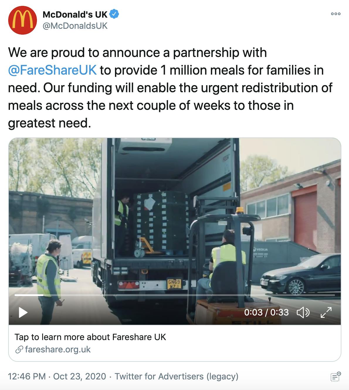 'We are proud to announce a partnership with @FareShareUK to provide 1 million meals for families in need. Our funding will enable the urgent redistribution of meals across the next couple of weeks to those in greatest need.' screenshot of people unloading a lorry