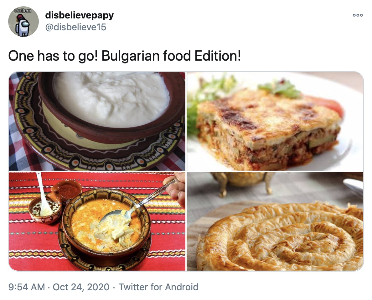 'One has to go! Bulgarian food Edition!' picture of four different Bulgarian dishes