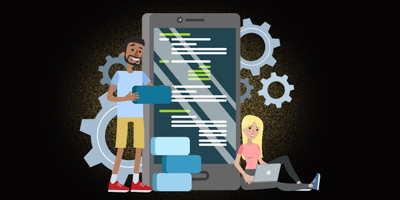 illustration of man and woman loading software onto their phones