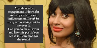 Jameela Jamil with "Any ideas why engagement is down for so many creators and influencers on Insta? So many are reaching out to me over it. Can you do me a Favour and like this post if you see it so I can monitor the reach?" post