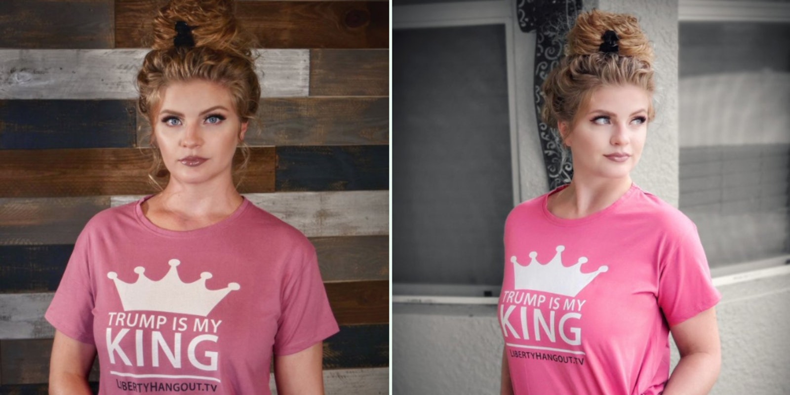 Kaitlin Bennett wearing a shirt declaring Trump as her king
