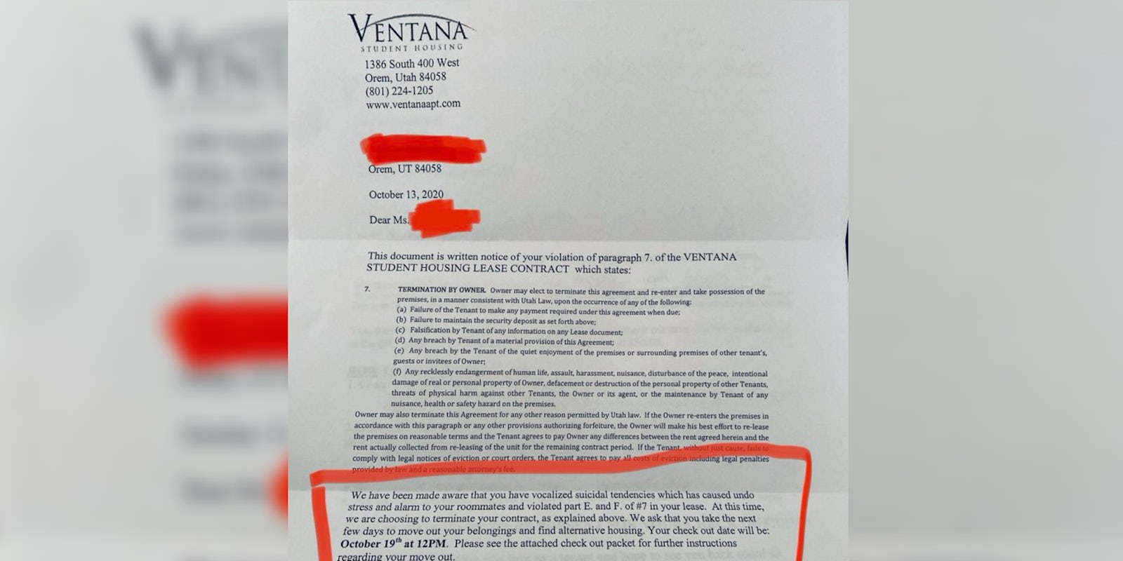 Ventana Student Housing evicting college student suicidal thoughts