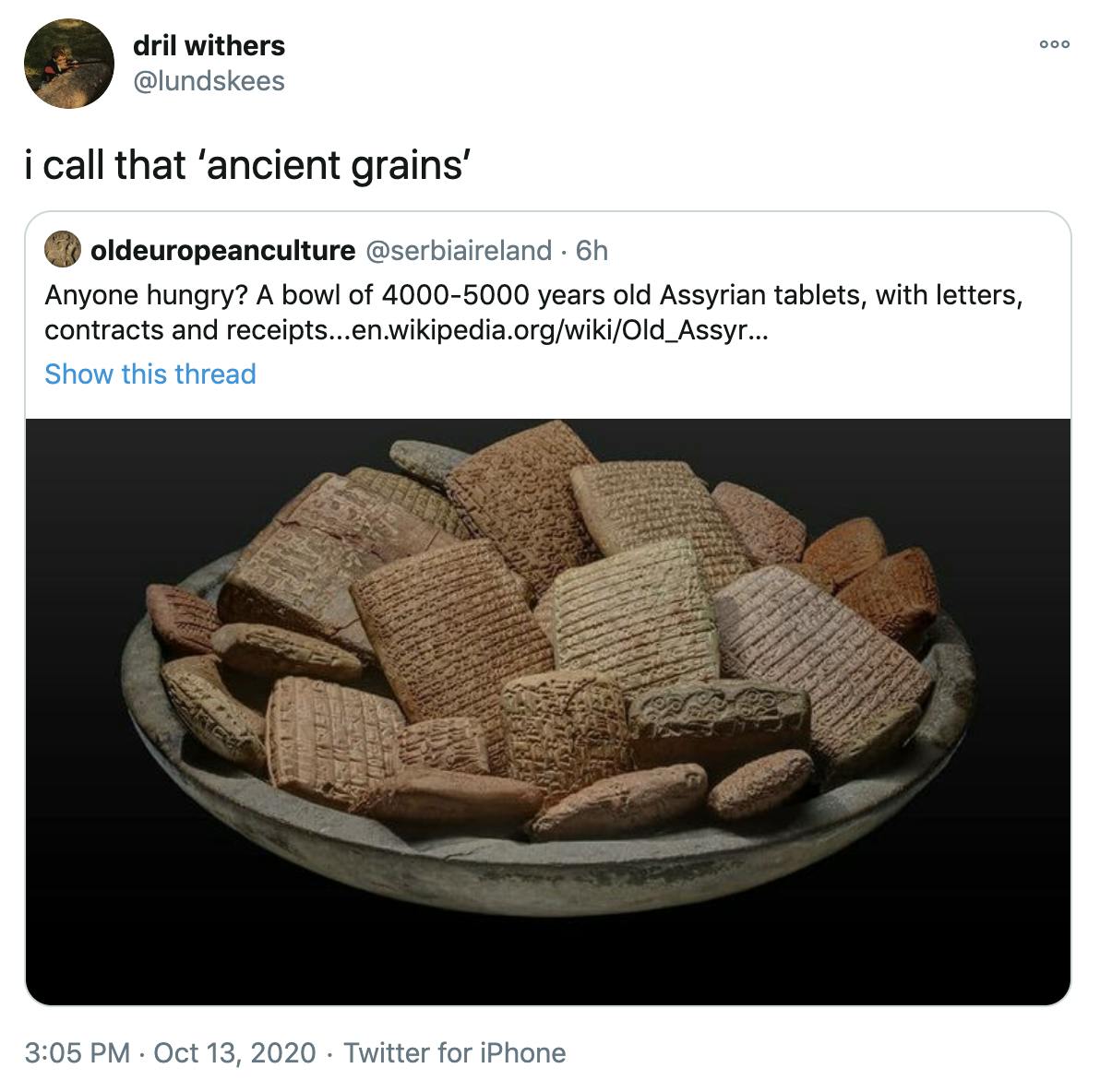 'I call that ancient grains' embed of original tweet