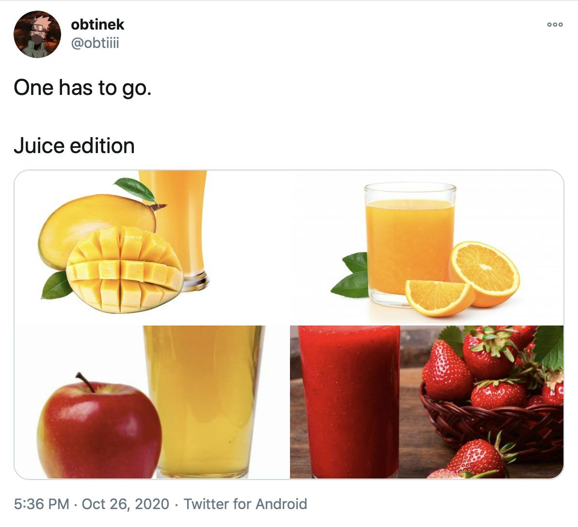 'One has to go. Juice edition' pictures of mango, orange, apples and strawberry juices in glasses next to the fruit in question