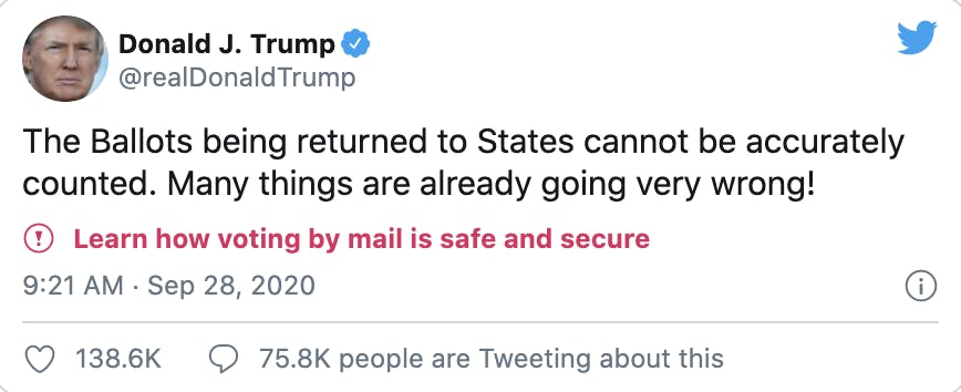 Trump tweets falsehoods about mail-in voting