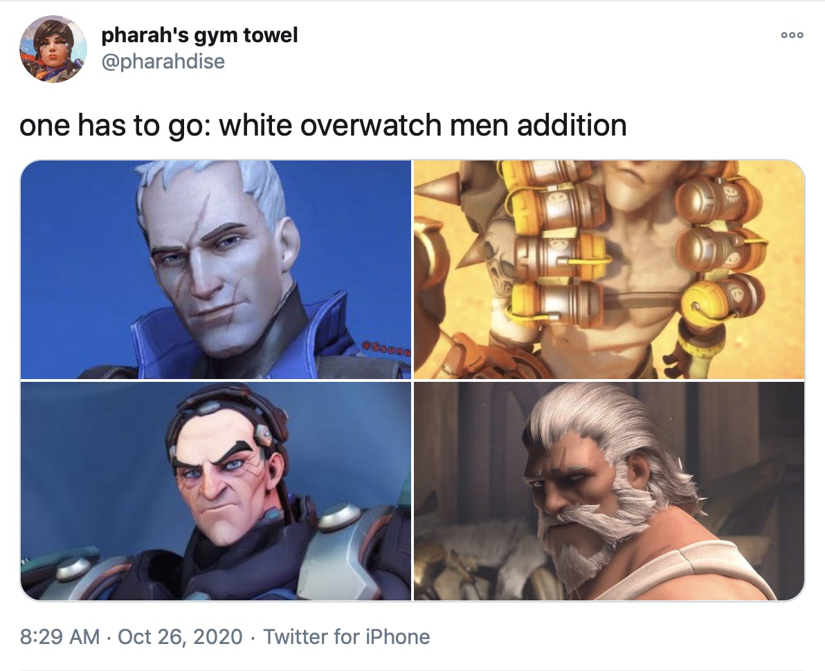 'one has to go: white overwatch men addition' pictures of four white haired male characters from Overwatch
