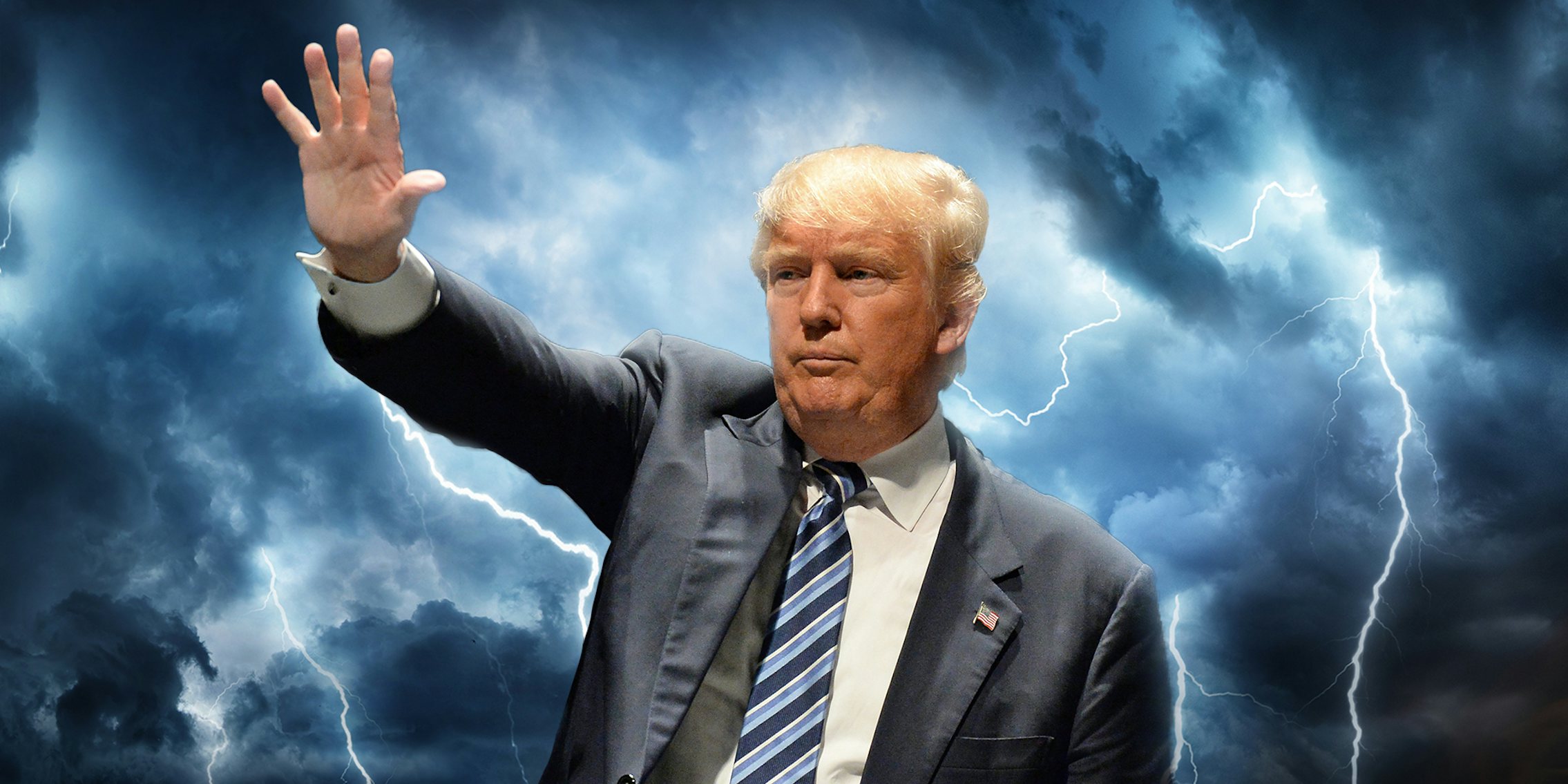 Trump raising hand with lightning background
